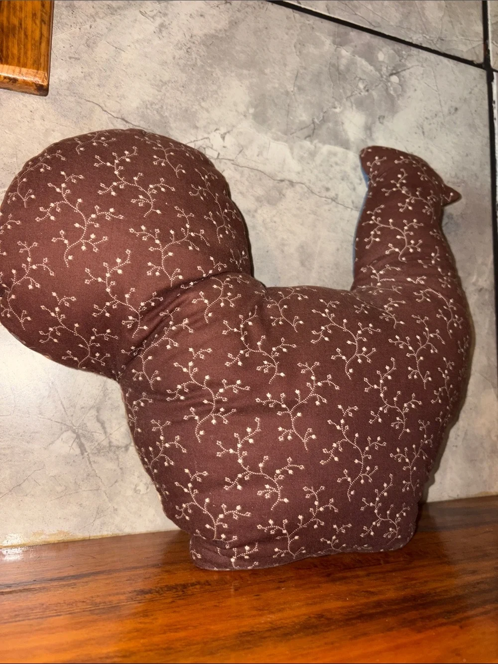Vintage 90s Patchwork Quilted Chicken  Accent Pillow in Blue and Brown Handmade